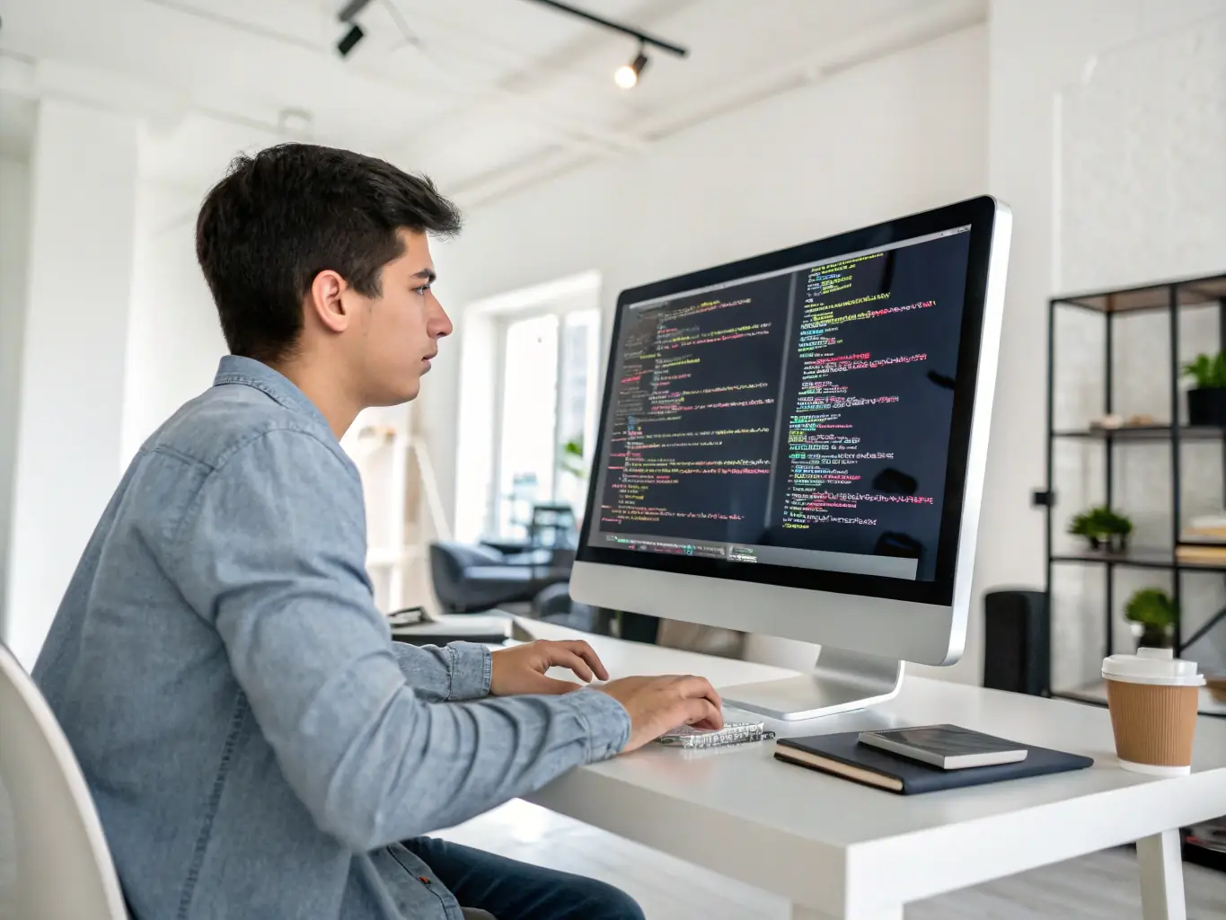 A developer working on a computer with lines of code visible on the screen, representing API integration with AgDBrix.