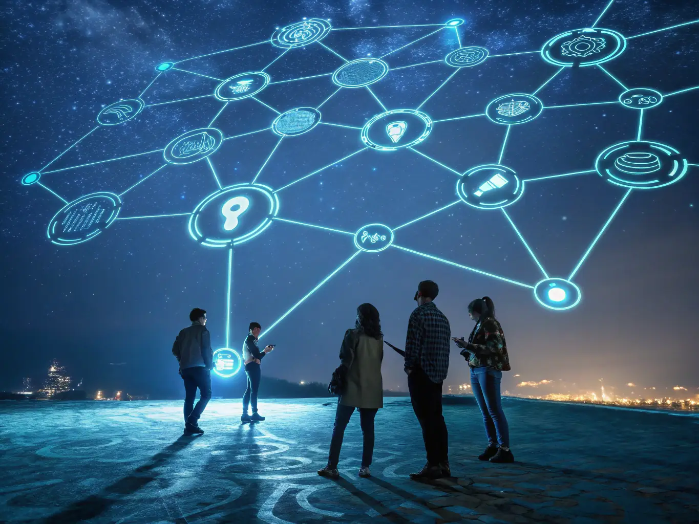 An abstract representation of a knowledge graph, showcasing interconnected data points and the flow of information across different systems.